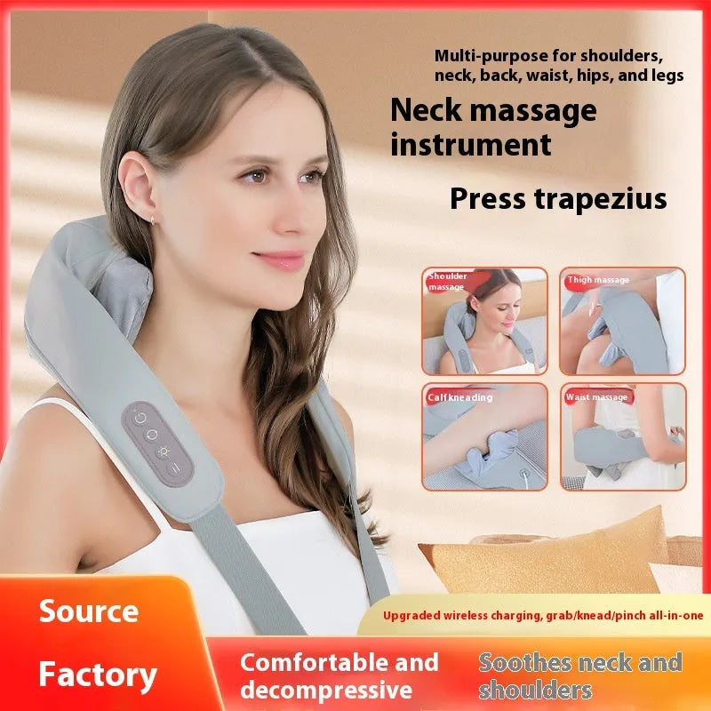 Grey elastic fabric multifunctional neck back waist massager with USB cable
