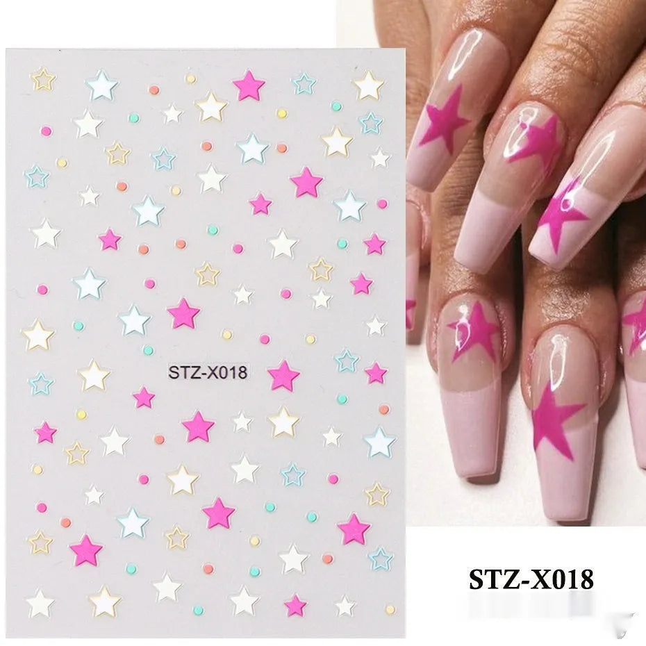 Cartoon-themed nail art sticker sheet with black and silver strip patterns and love motifs