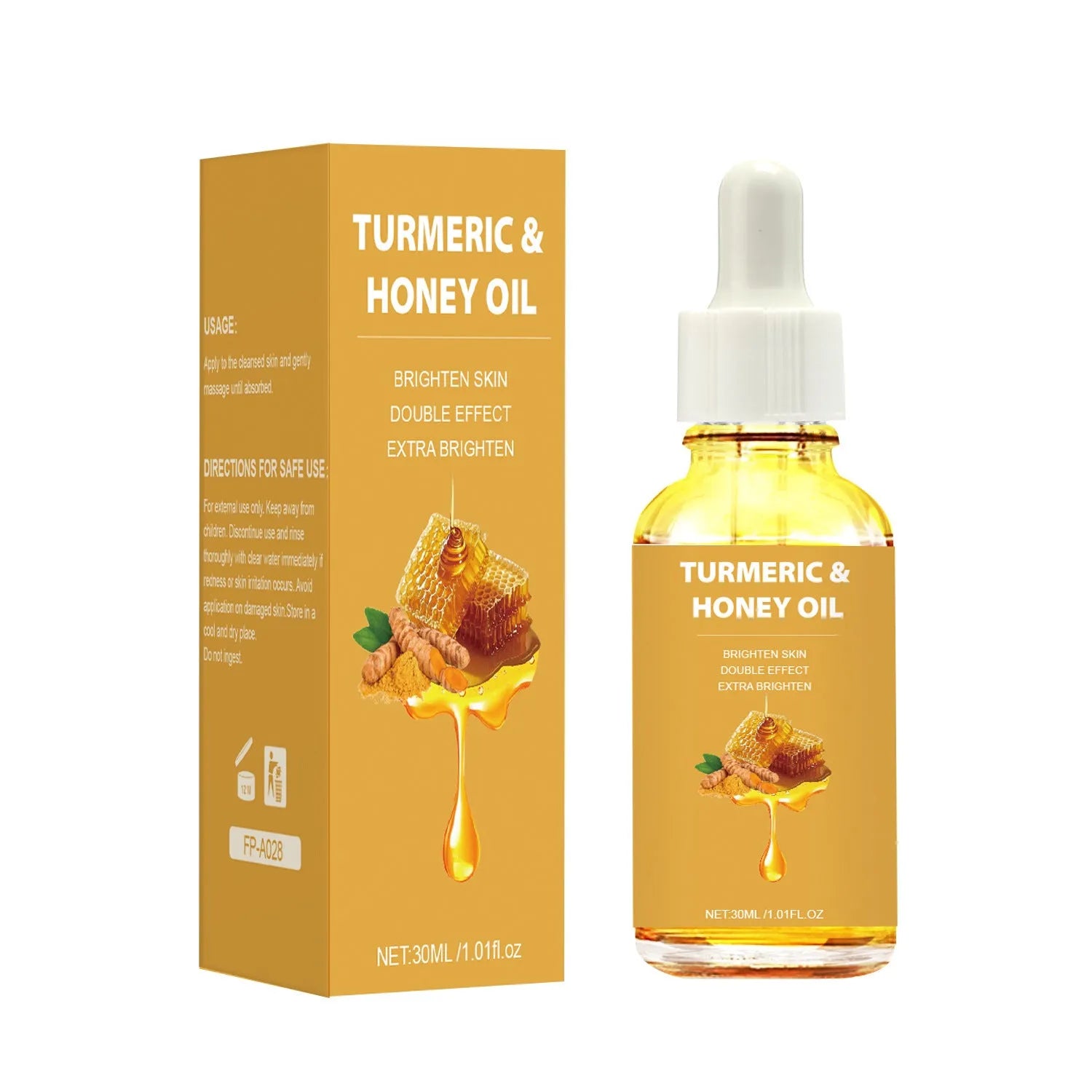 30ml amber glass bottle of turmeric honey essential oil with dropper for facial application