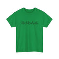 Green women's short-sleeve cotton top with printed letter design on a hanger.