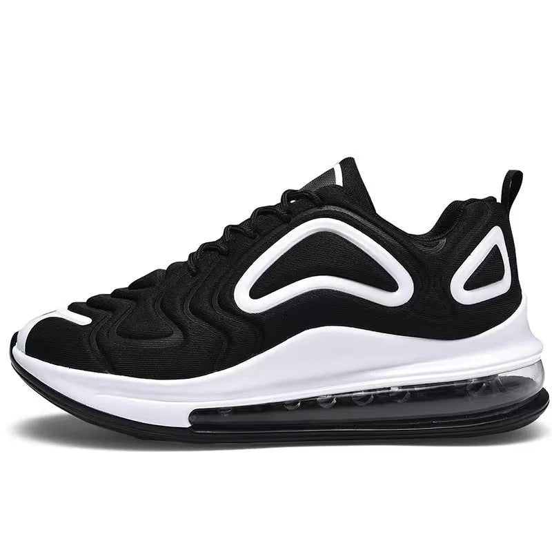 Men's black lace-up air cushion running shoes with a thick sole and round toe.