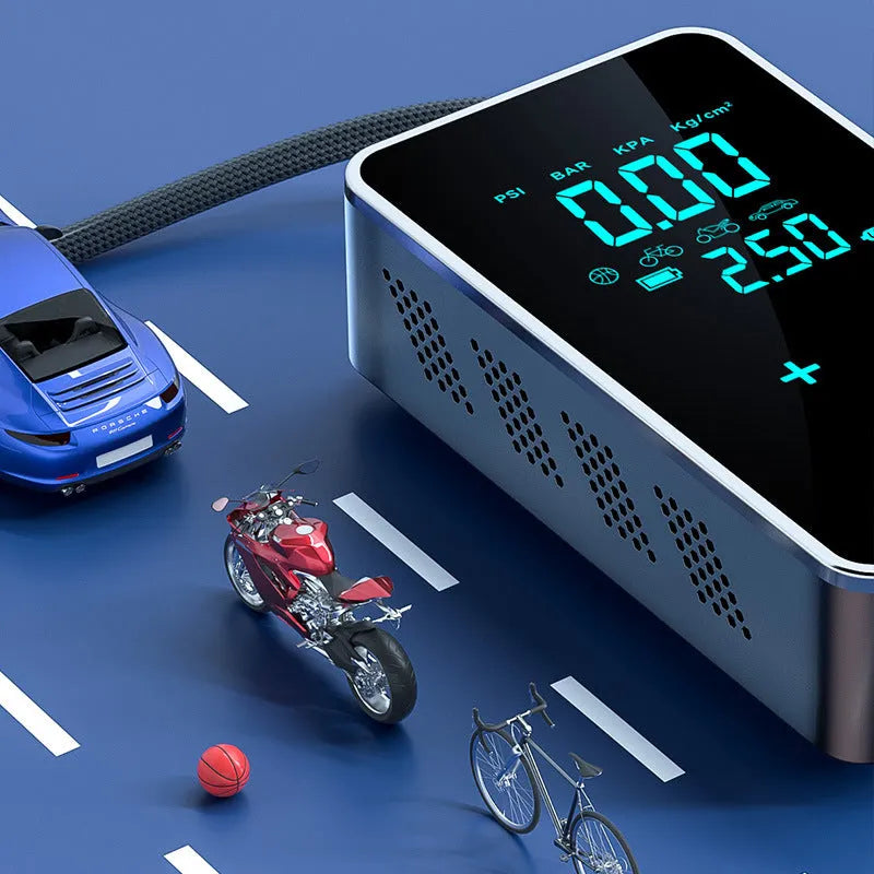 ST-9616C portable wireless car tyre inflator with LCD screen and black hose on a grey background.