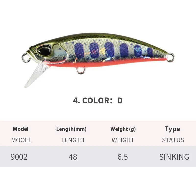 48mm mino fishing lure for snakehead and mandarin fish in various colours.