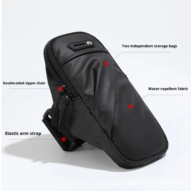 Outdoor cycling arm sleeve phone pouch in black holding a 7.2 inch phone on a cyclist's arm