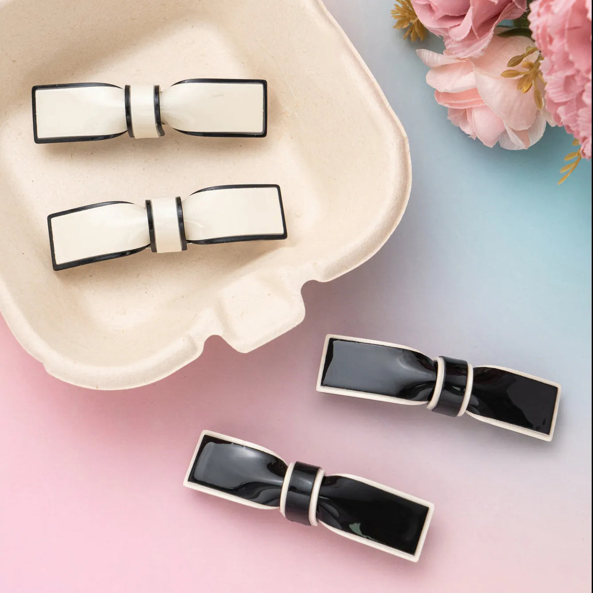 Acrylic bow hairpin pair in black and white, 6.5cm length, classic style for women's hair