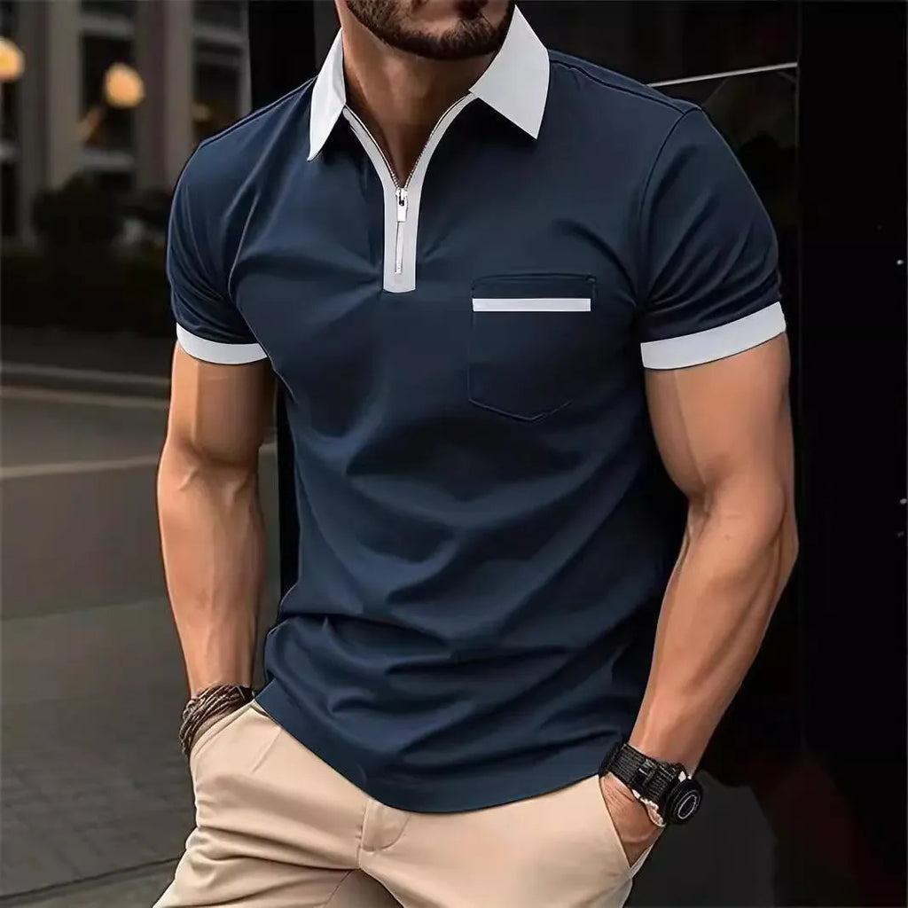 Men's casual short sleeve shirt with chest pocket and zipper decorations in a loose fit.