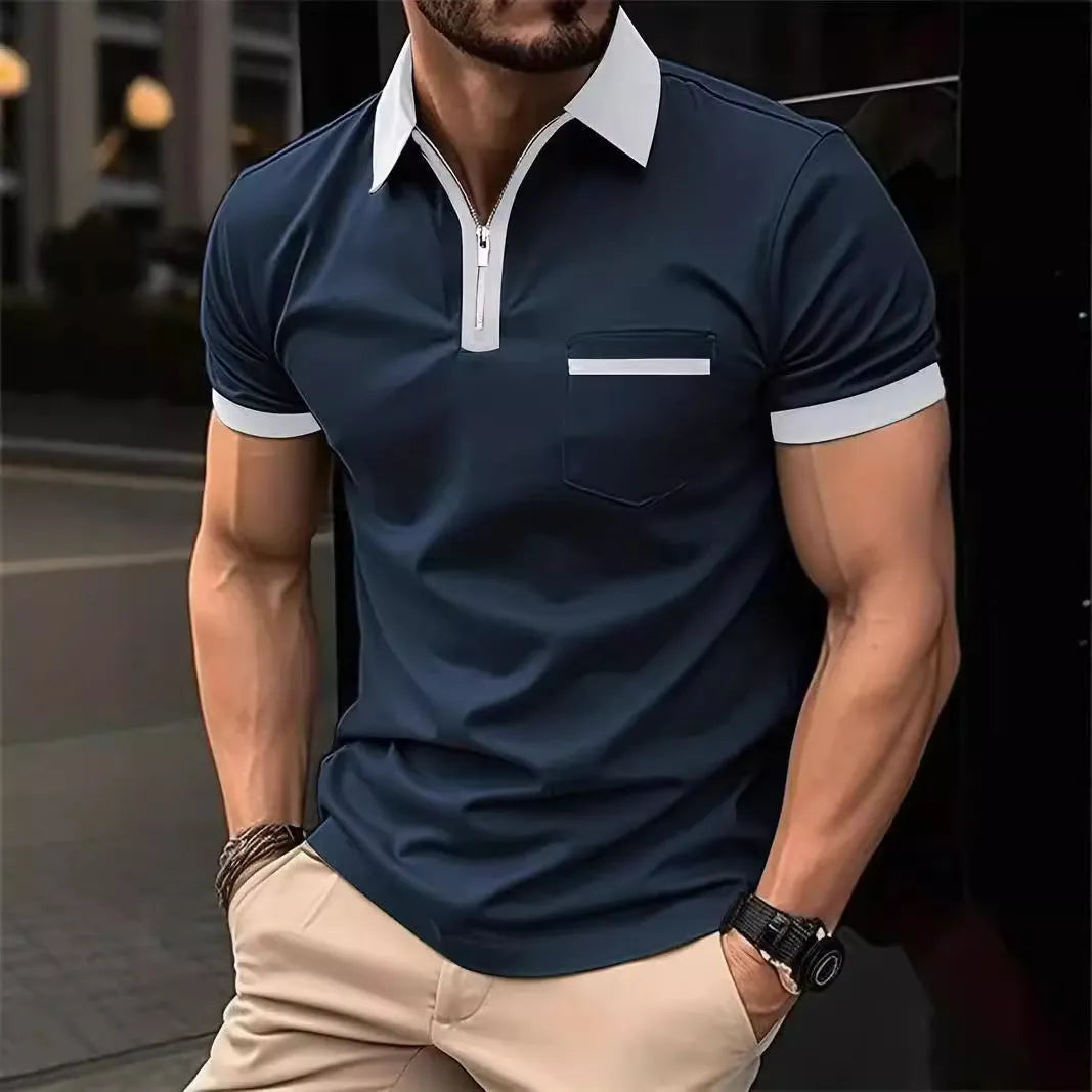 Men's casual short sleeve shirt with chest pocket and zipper decorations in a loose fit.