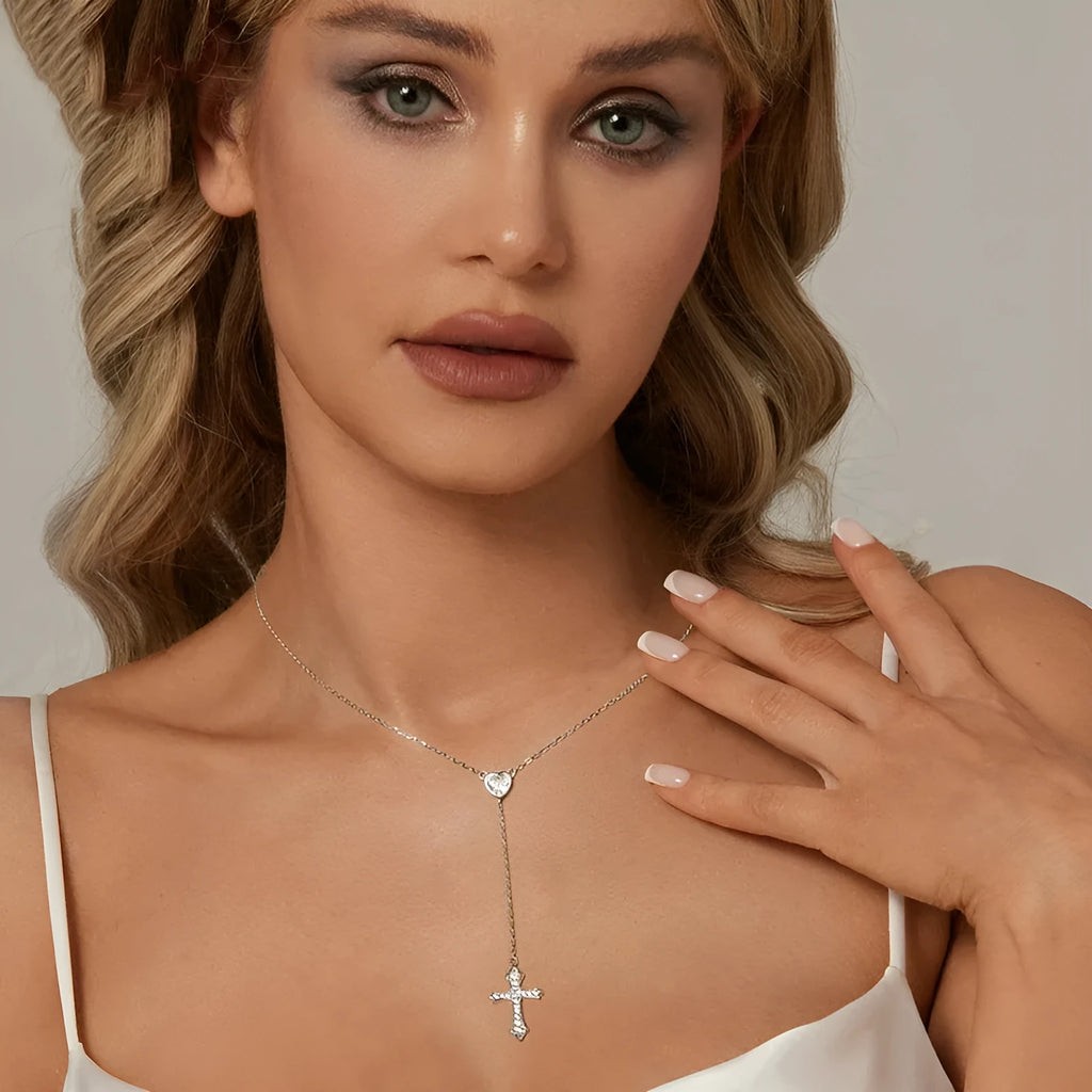Women's sterling silver V-neck cross necklace on an O-ring chain in BSN384 colour.