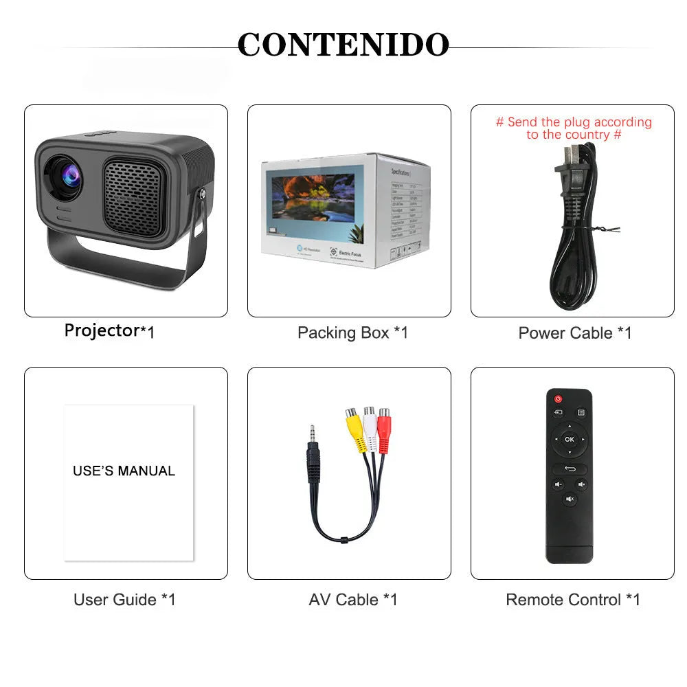 Black portable smart HD projector with remote control on a desk.