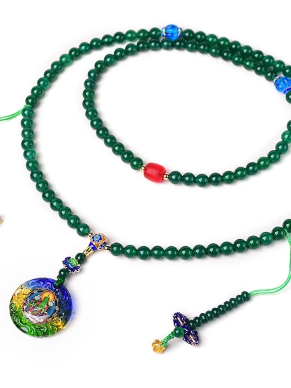 Handmade natural green agate bracelet with multi-circle design and thangka pendant