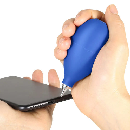 Blue or black rubber air blower dust removal tool for cleaning cameras and phones.