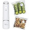 White USB electric vacuum sealer pump with five 26x28cm plastic food storage bags.