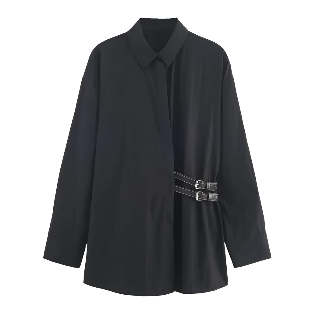 Women's trip-strap poplin shirt with plant and flower print, black, long sleeves, casual pullover style