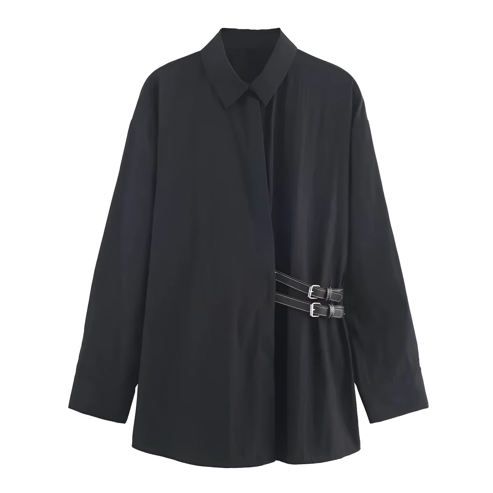 Women's trip-strap poplin shirt with plant and flower print, black, long sleeves, casual pullover style