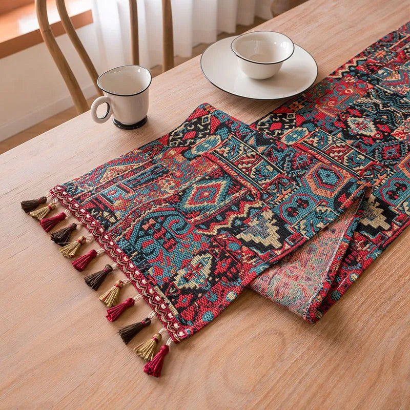Rhyme Nordic Jacquard table runner with bouquet stripe pattern and tassel trim on dining table