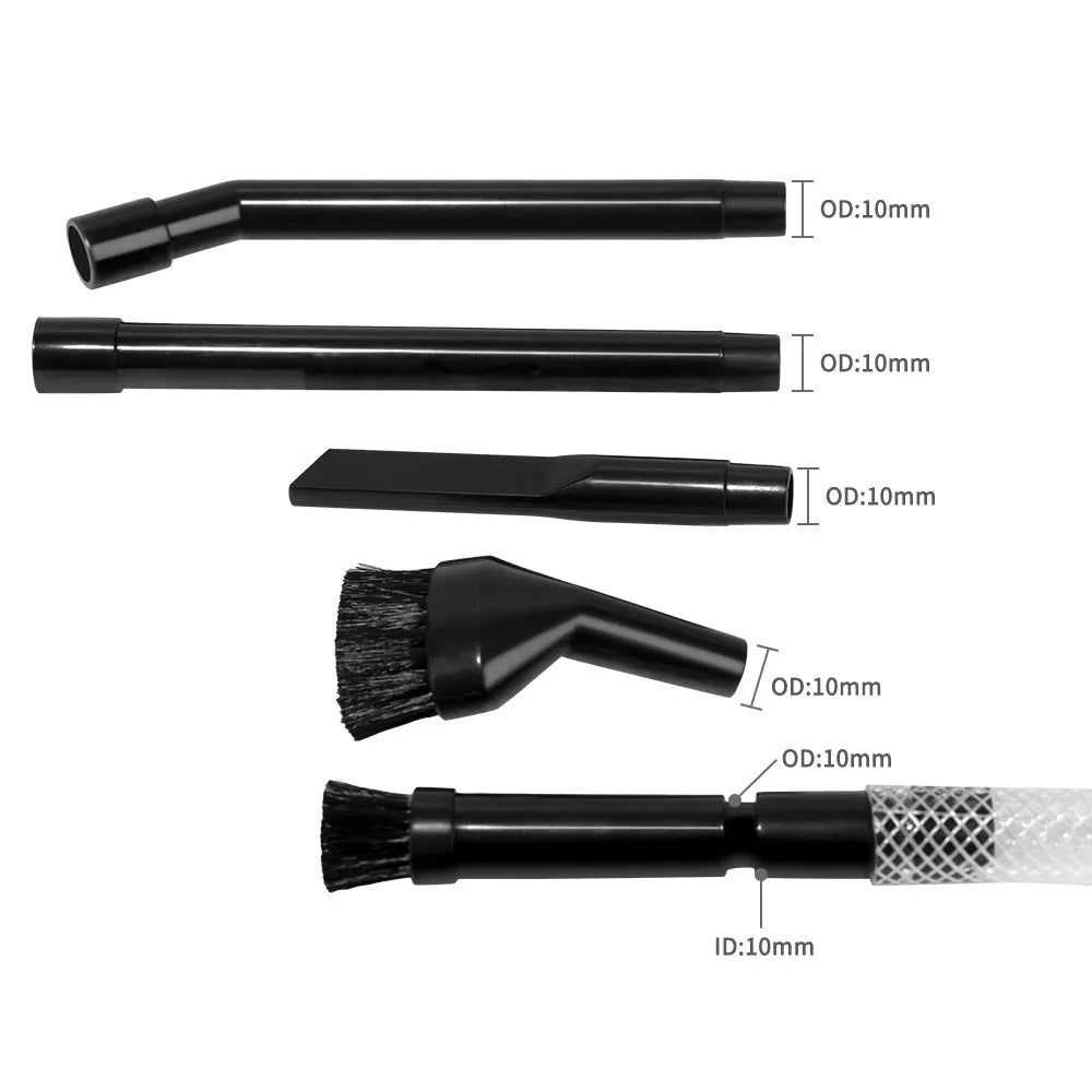 Eight small vacuum cleaner suction head accessories laid out, part of a multifunctional tool set for portable cleaners.