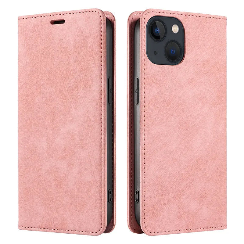 Magnetic flip phone case in leather for iPhone, shown open with cards in slots and closed with magnetic seal.