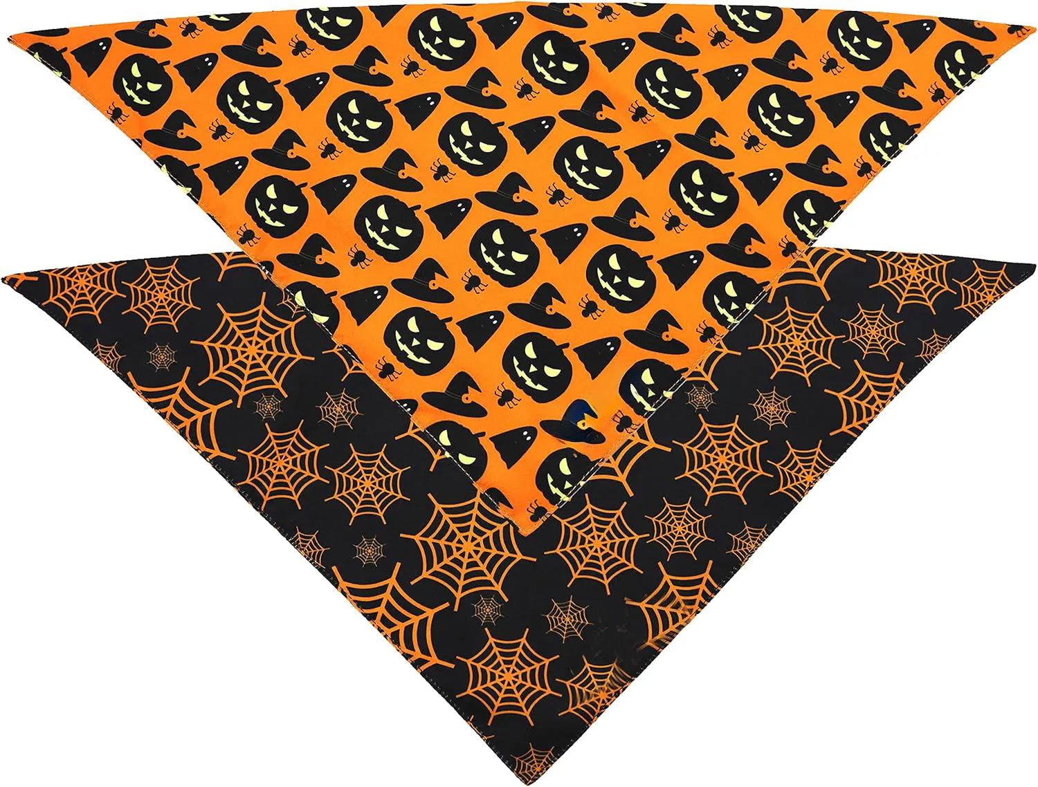 Halloween reversible dog bandana showing pumpkin and spider web patterns in black and orange colours