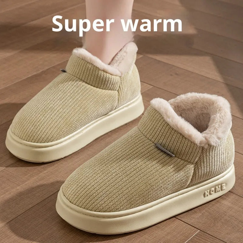 Women's ankle wrap cotton slippers in brown, plush upper, non-slip EVA sole, flat heel, round toe, indoor thermal shoes
