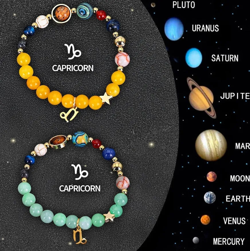 Two natural stone bead bracelets showing zodiac symbols on adjustable straps