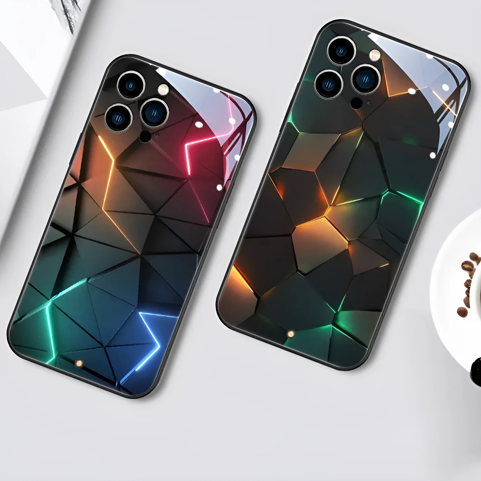 Xpress 14 iPhone case with illuminated LED light pattern on a tempered glass back.