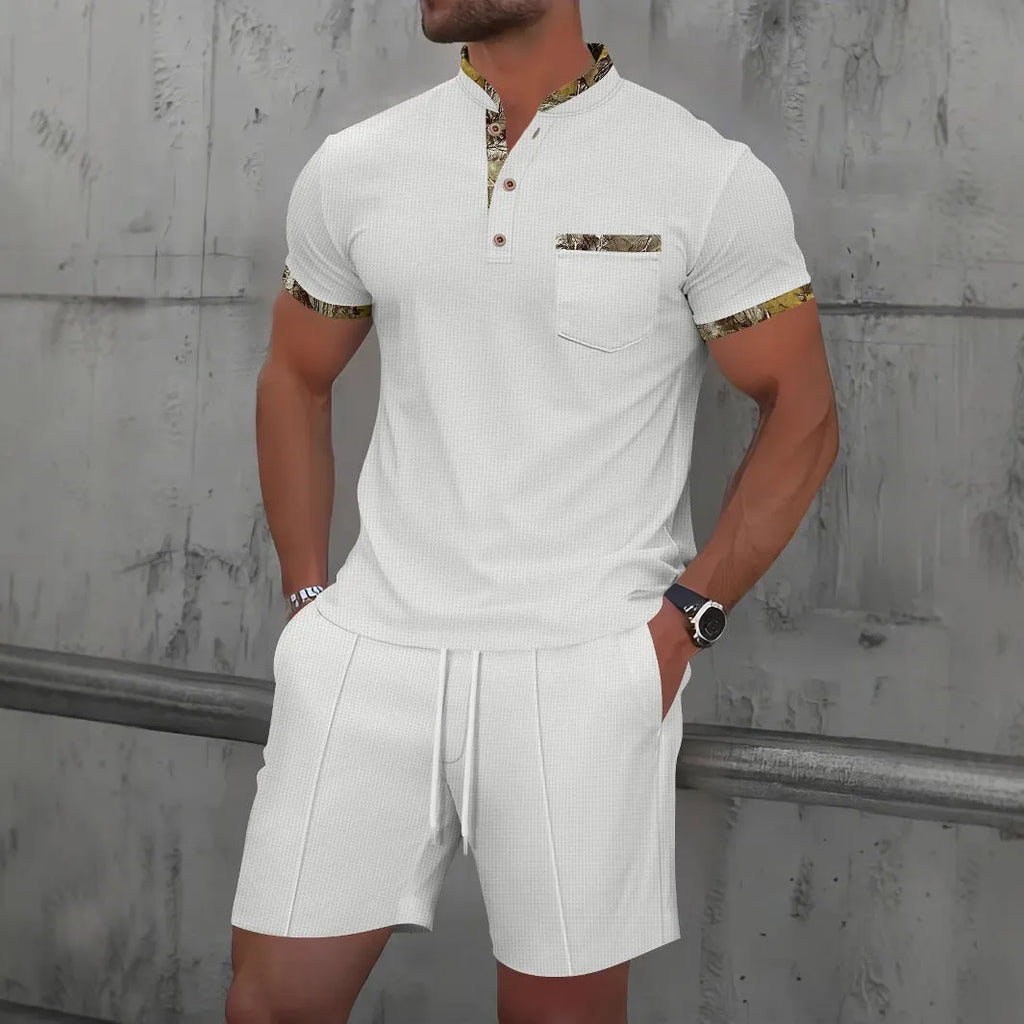 Men's grey cotton blend zip-up polo jacket and shorts suit set on a hanger.