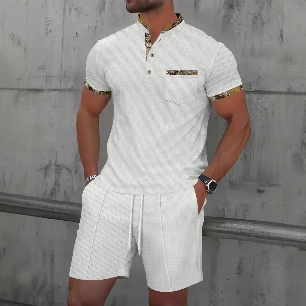 Men's grey cotton blend zip-up polo jacket and shorts suit set on a hanger.