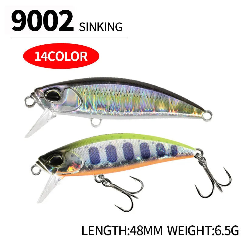 Tossing Japanese Submerged Mino fishing lure in a selection of colours, showing 48mm length and integrated hooks.