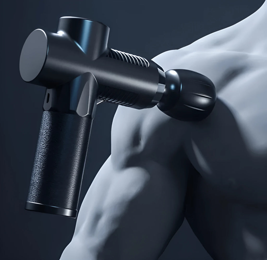 Black fascia gun with silicone head and ABS body for muscle recovery USB powered