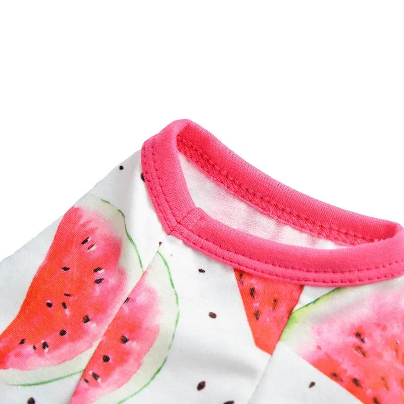 Watermelon red four-leg dog jumpsuit with watermelon print, polyester pet clothing in sizes XS to 2XL