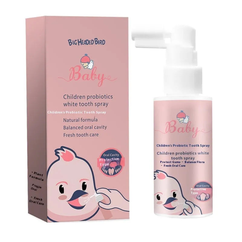 Children's probiotic oral spray bottle in strawberry and orange flavours for teeth cleaning