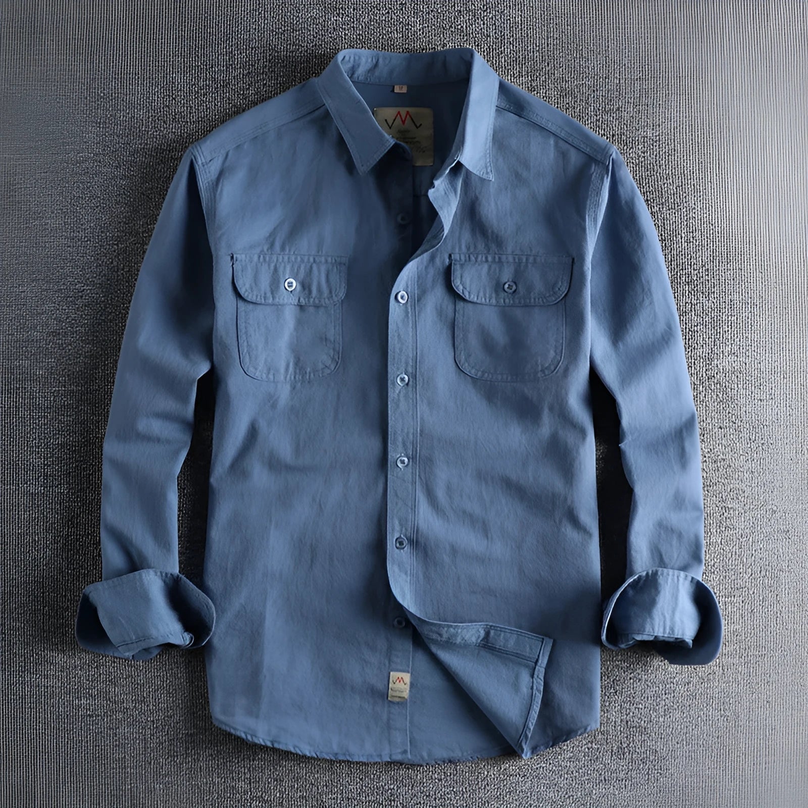 Men's retro style cotton cardigan shirt in light blue solid colour with long sleeves