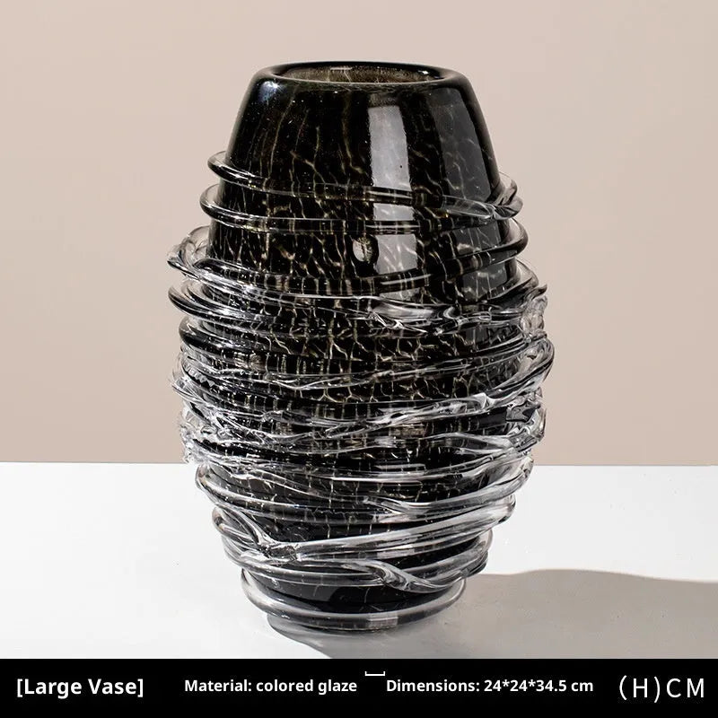 Minimalist glass art vase in black silk fried pattern on coloured glaze