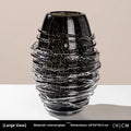 Minimalist glass art vase in black silk fried pattern on coloured glaze
