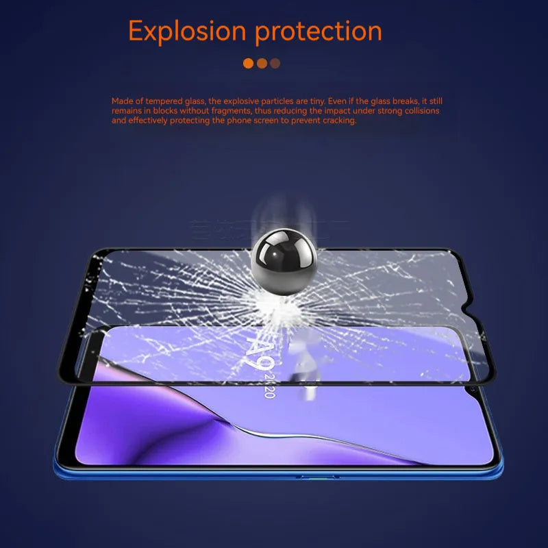 Full screen tempered glass protector for OPPO A9 2020 smartphone showing black edge and full coverage design