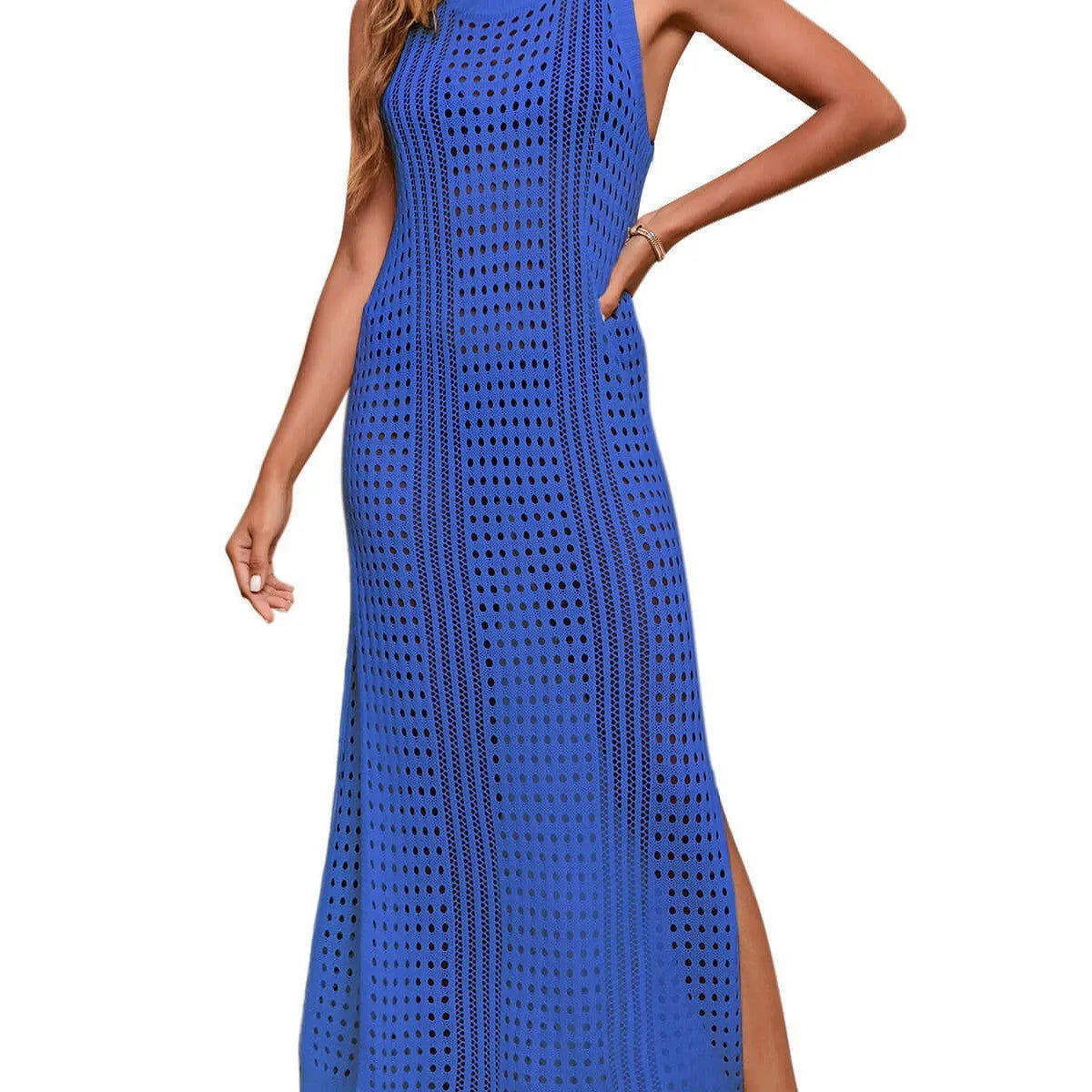 Loose beach knitted blouse with hollow-out pattern in solid colour on hanger