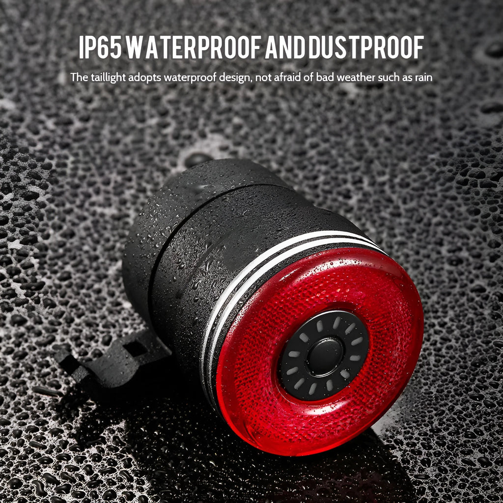Black aluminium smart bicycle taillight with brake sensor and USB charging port.
