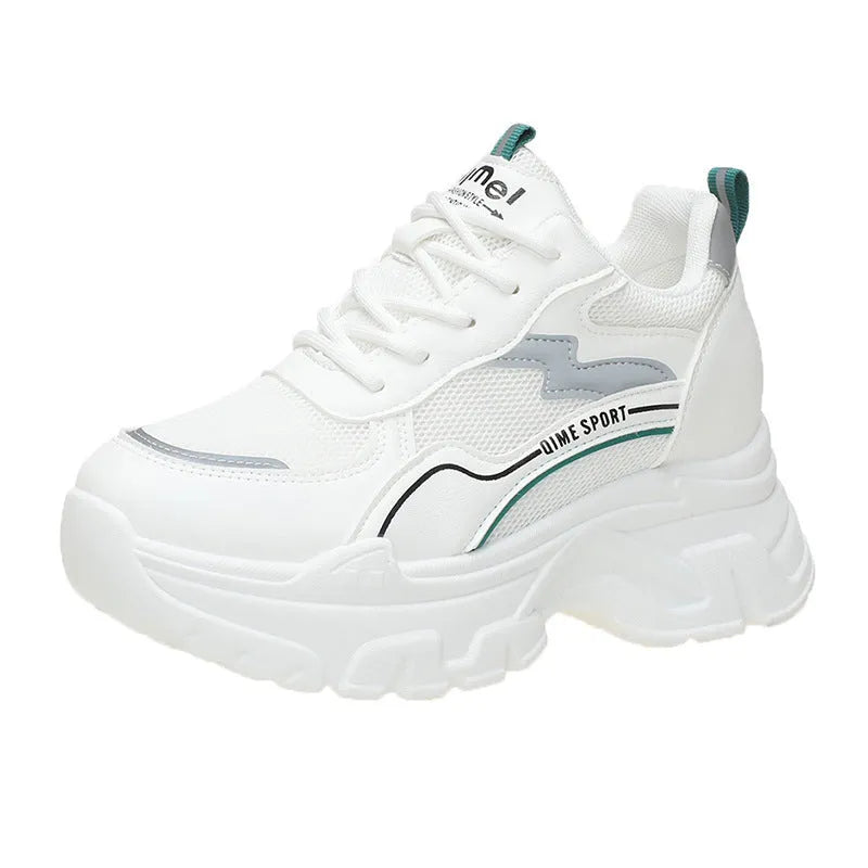 Women's white height increasing dad shoes with breathable mesh and lace-up design