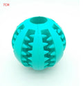 Rubber dog ball toy in blue green red for treat dispensing, slow feeding and tooth cleaning, 5cm and 7cm