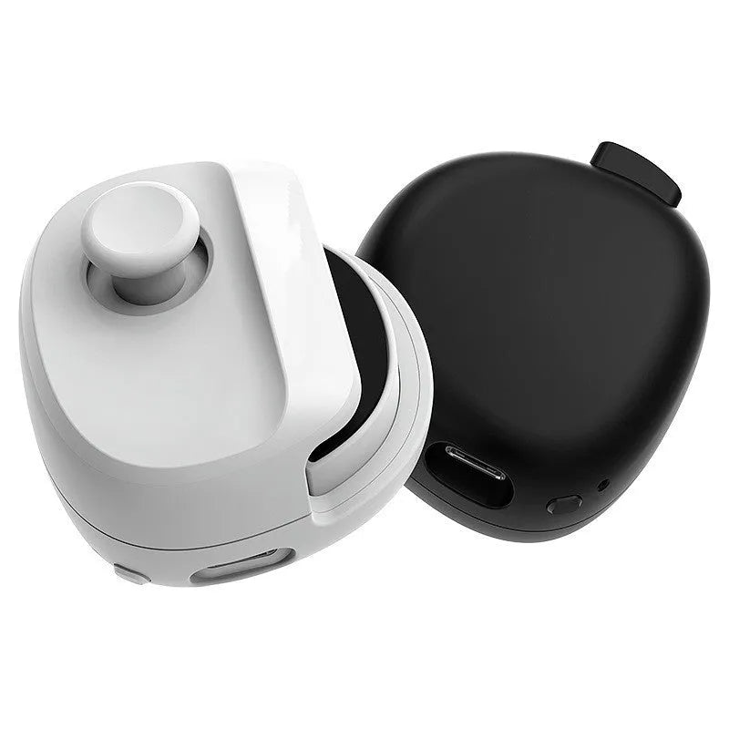 Compact black and white USB gaming stick controller on a flat surface, showing its size and ergonomic design.