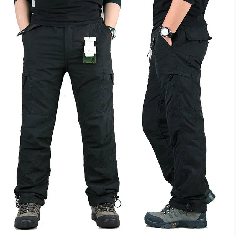 Men's thick khaki cotton overalls with wool lining, showing loose straight-leg fit