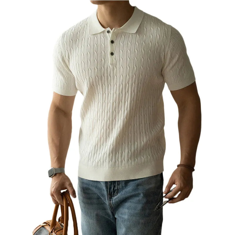Men's short sleeve casual polo top in khaki colour, laid flat to show design.