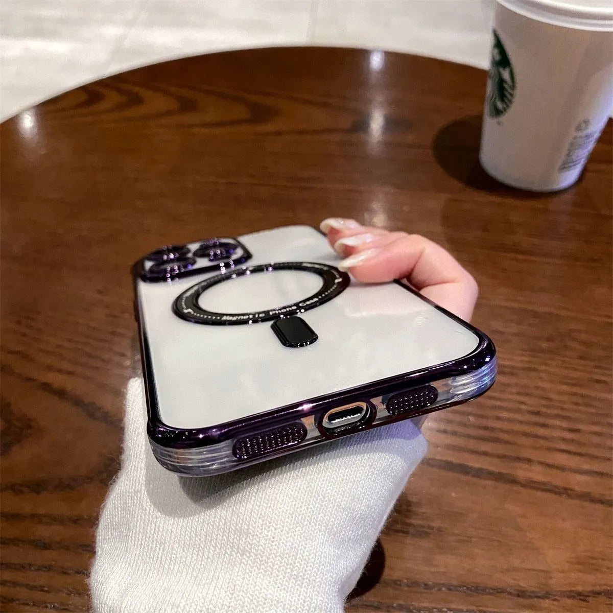 Transparent magnetic silicone iPhone case with electroplated finish and all-inclusive lens frame