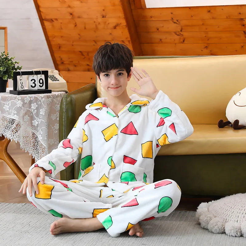 Boys flannel pajama set with long sleeves in Xiaoxin style, available in multiple sizes from M to XXL