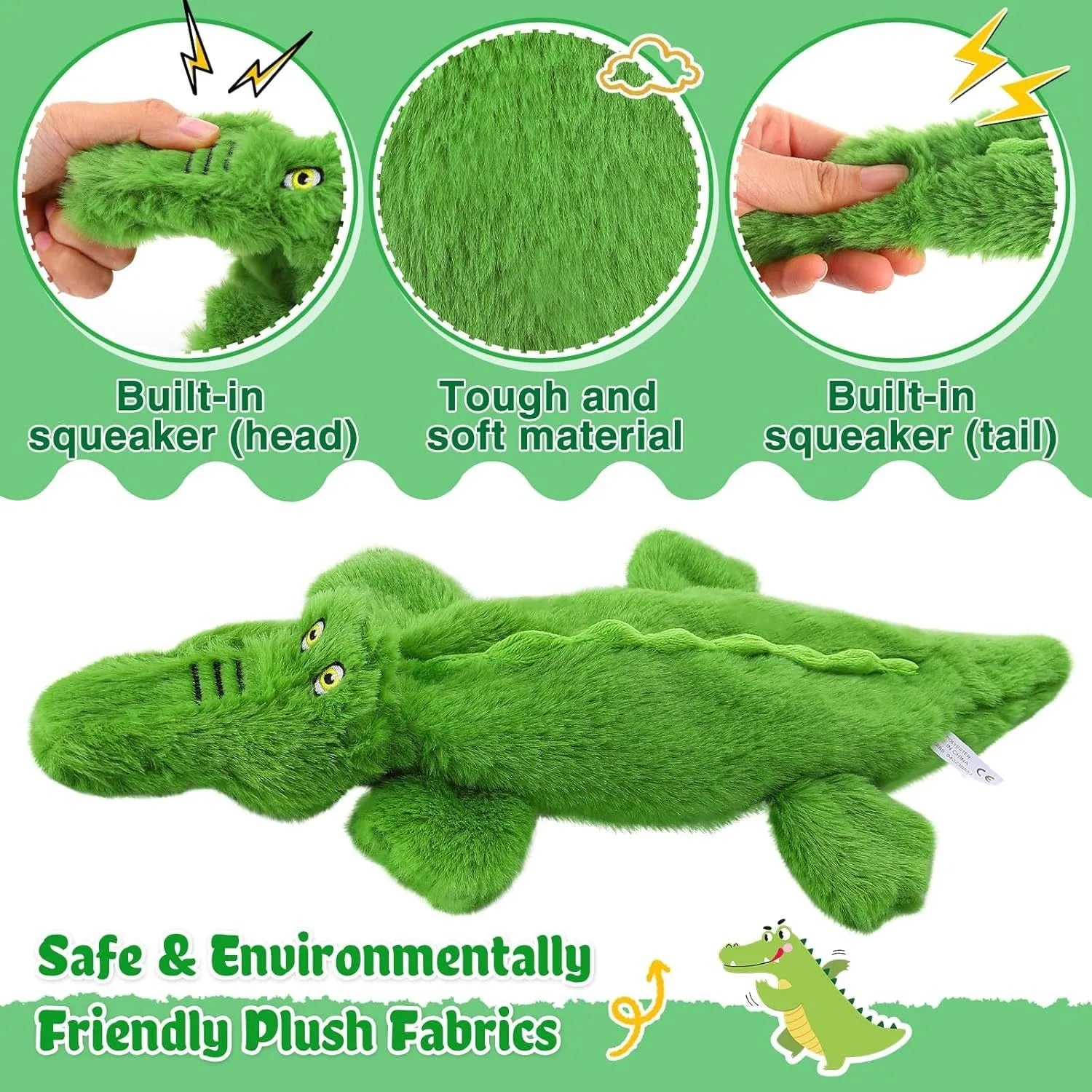Green crocodile plush dog toy with squeaker and crinkle paper tail on a white background.