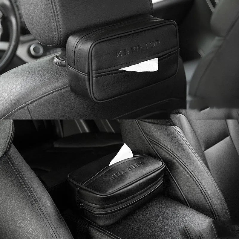 Black PU leather box with hanging loop on a car seat.