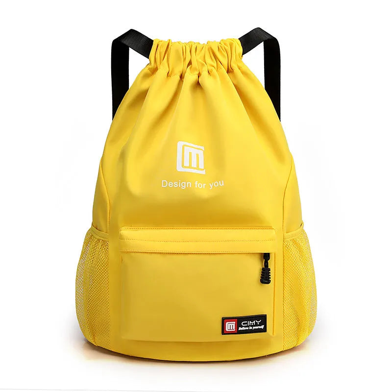 Water-repellent Oxford travel backpack with drawstring closure in black colour showing bucket shape and double shoulder straps