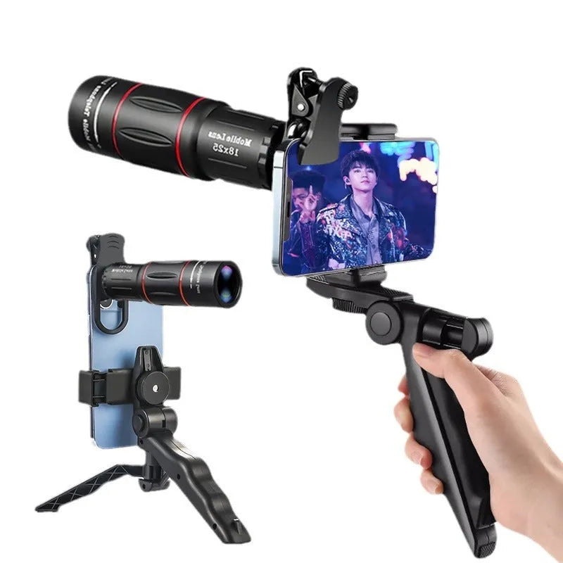 18x universal external telephoto lens for mobile phones with clip-on fitting and optional handheld bracket