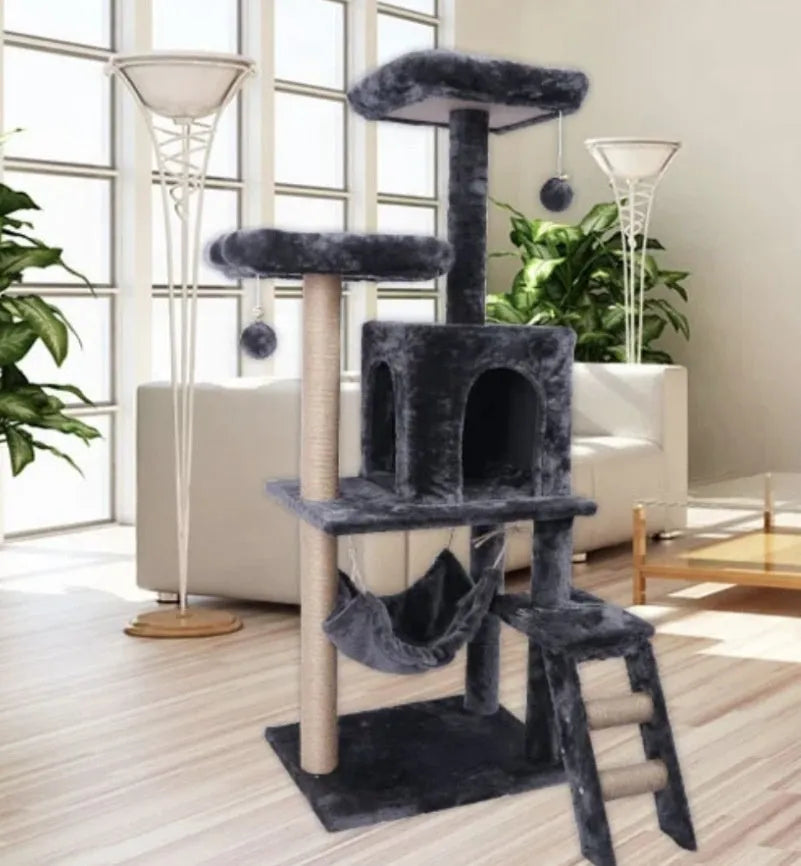 Wooden cat tower with light grey semi hemp column and integrated space-saving design