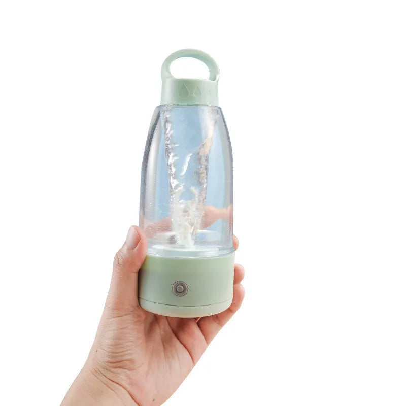 Automatic electric shaker bottle with USB charging port, handle, and lid in green, pink, or white.